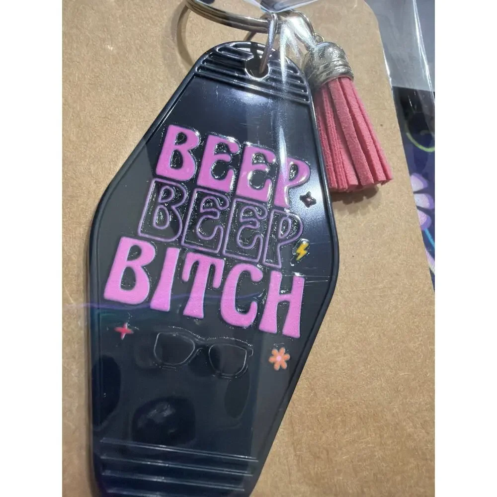 Beep Beep B*tch Black & Pink Tassel Vintage Motel Keychain Key Chain Handmade